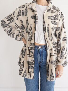 Vintage Ivory Canoe Paddle Aztec Print Sherpa Fleece Camp Jacket Outdoor L